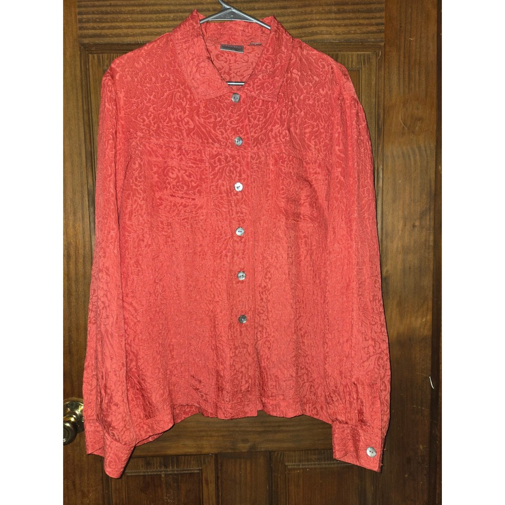 Chicos Silk Linen Jacquard Paisley Button Down Shirt Coral Orange Size 3